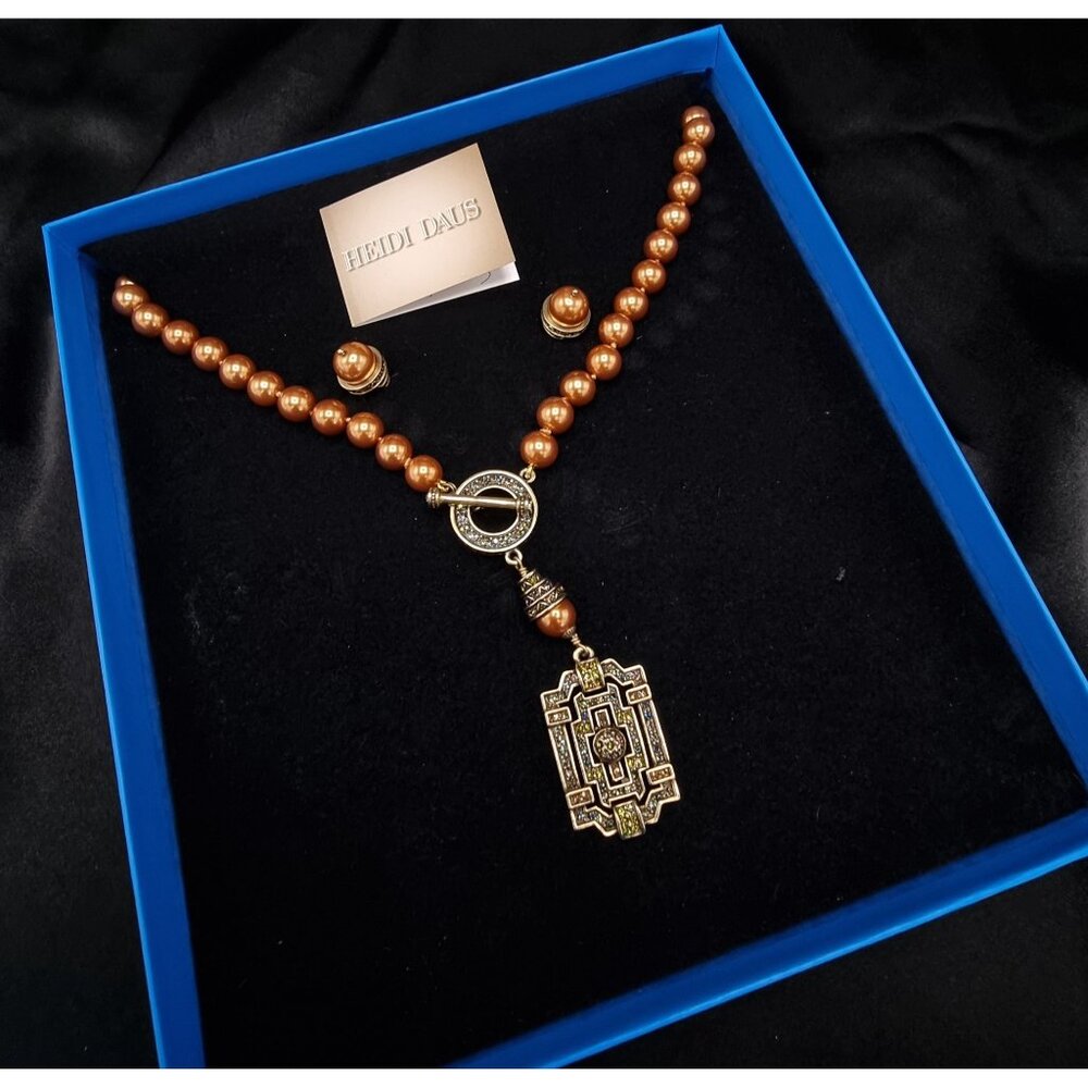 Heidi Daus Gold Pearl Necklace & Earrings Set With Art Deco Pendant & Clip-On
